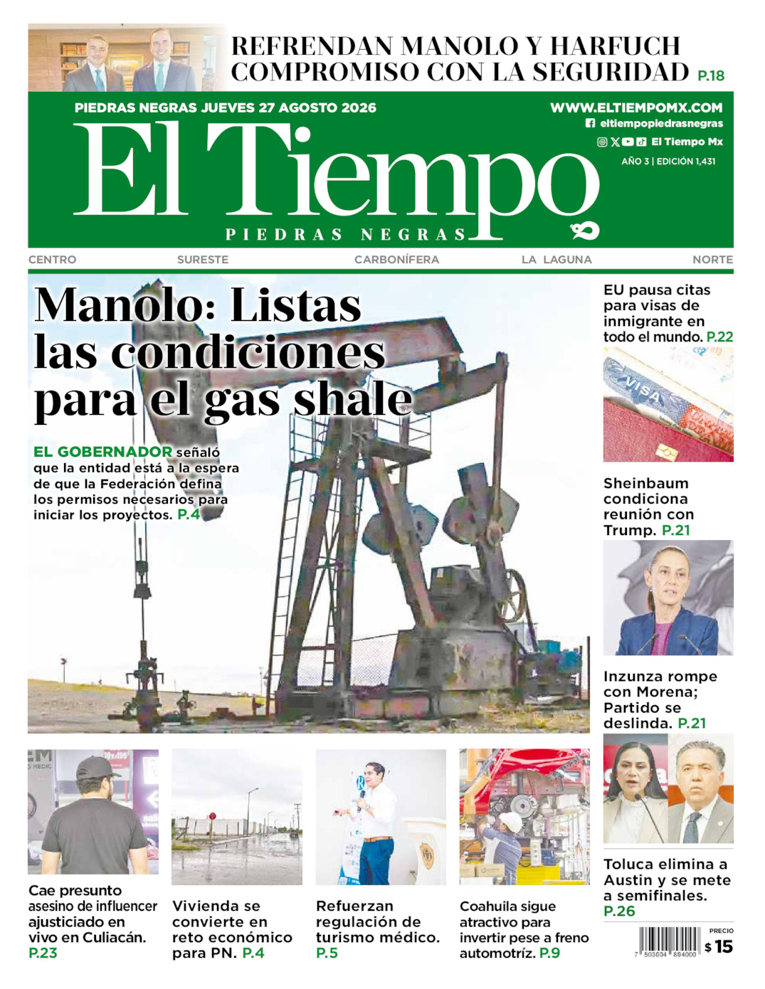 Edición impresa: Portada del jueves 27 de agosto de 2026, El Tiempo de <strong>Piedras Negras</strong>