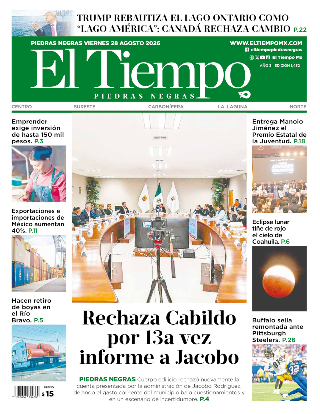 Edición impresa: Portada del viernes 28 de agosto de 2026, El Tiempo de <strong>Piedras Negras</strong>