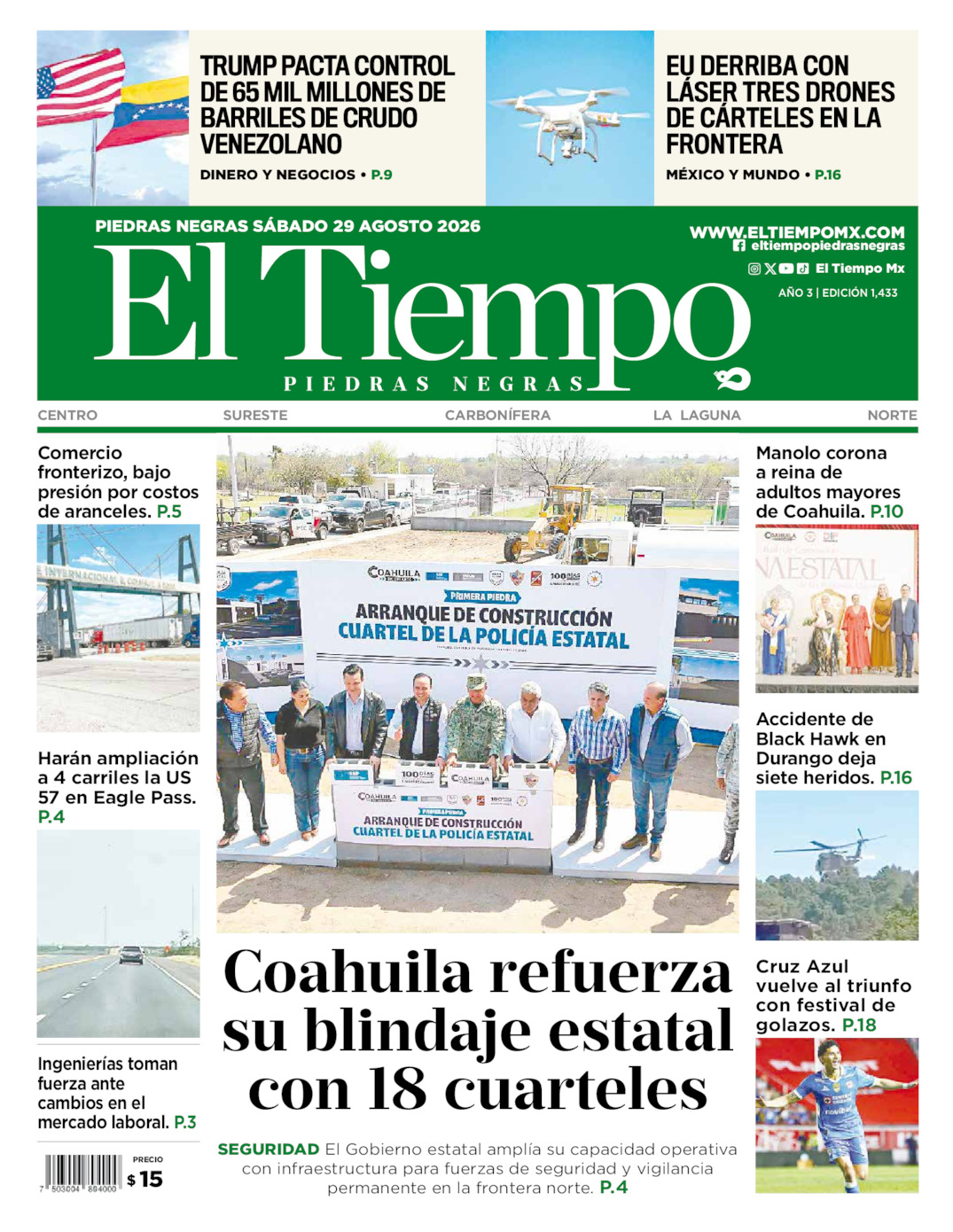 Edición impresa: Portada del sábado 29 de agosto de 2026, El Tiempo de <strong>Piedras Negras</strong>