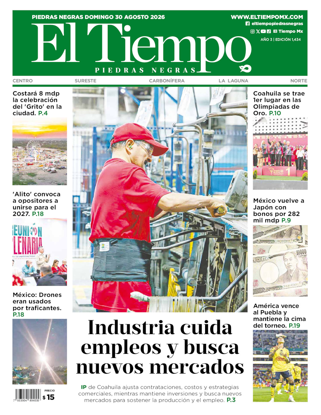 Edición impresa: Portada del domingo 30 de agosto de 2026, El Tiempo de <strong>Piedras Negras</strong>