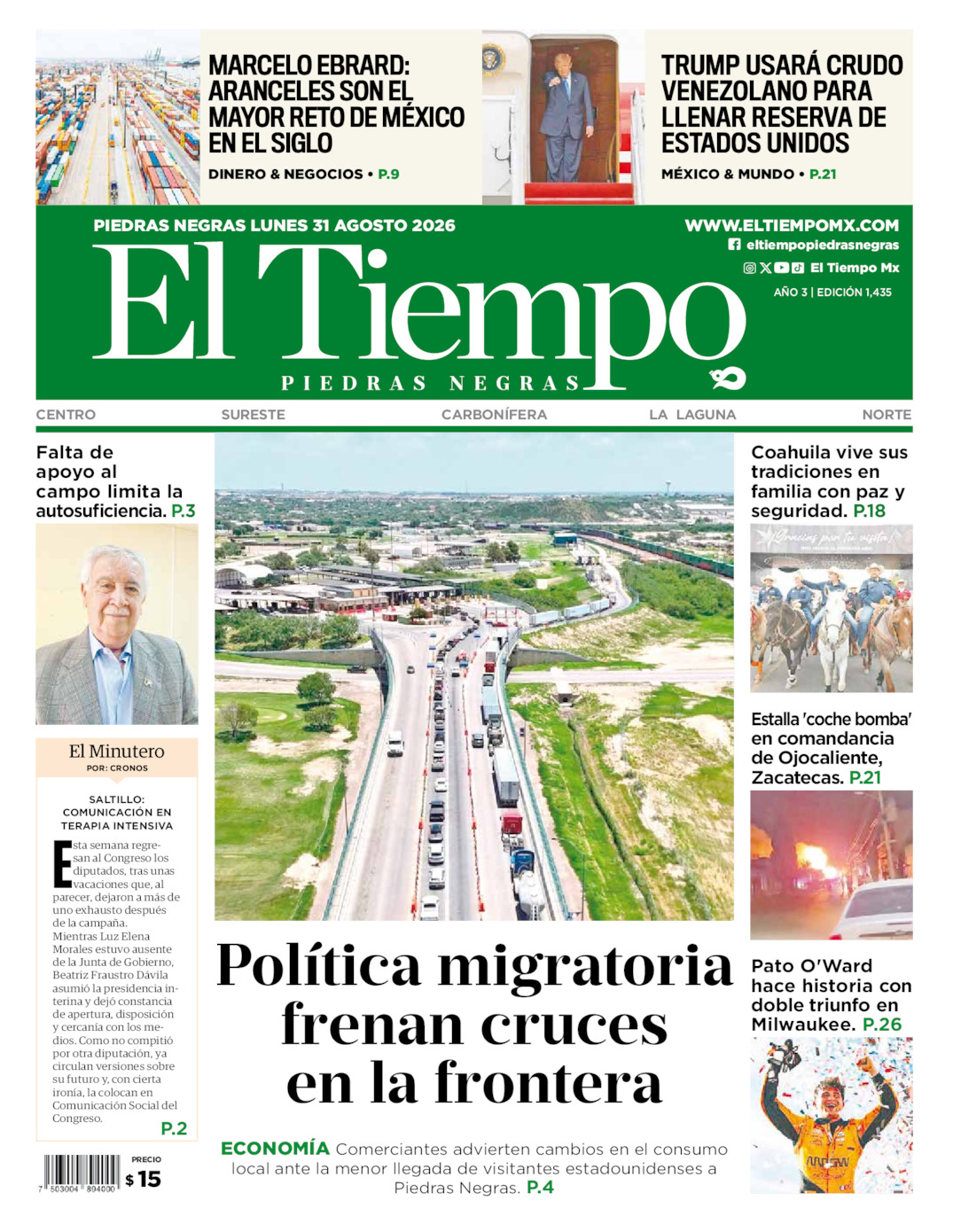 Edición impresa: Portada del lunes 31 de agosto de 2026, El Tiempo de <strong>Piedras Negras</strong>
