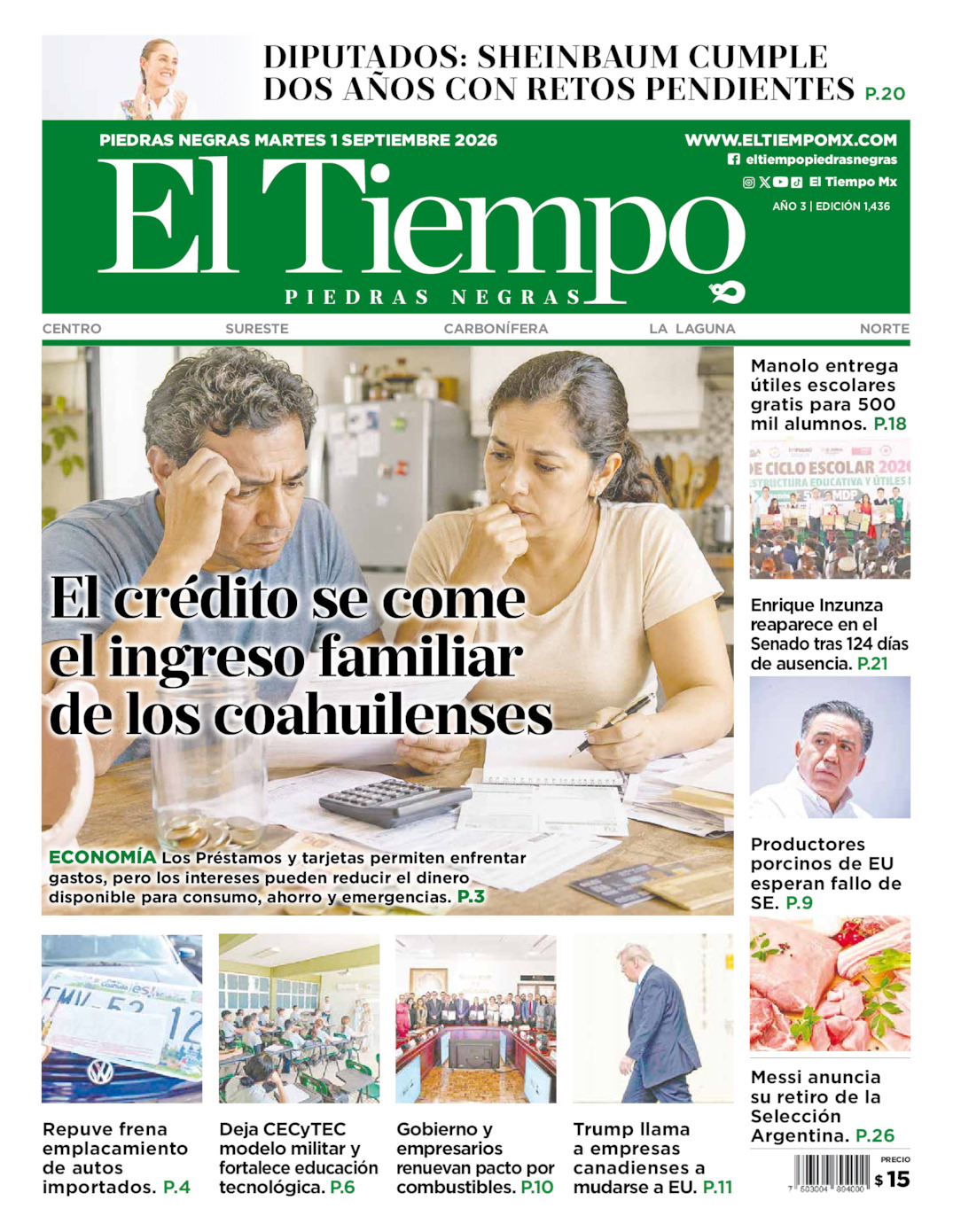 Edición impresa: Portada del martes 01 de septiembre de 2026, El Tiempo de <strong>Piedras Negras</strong>