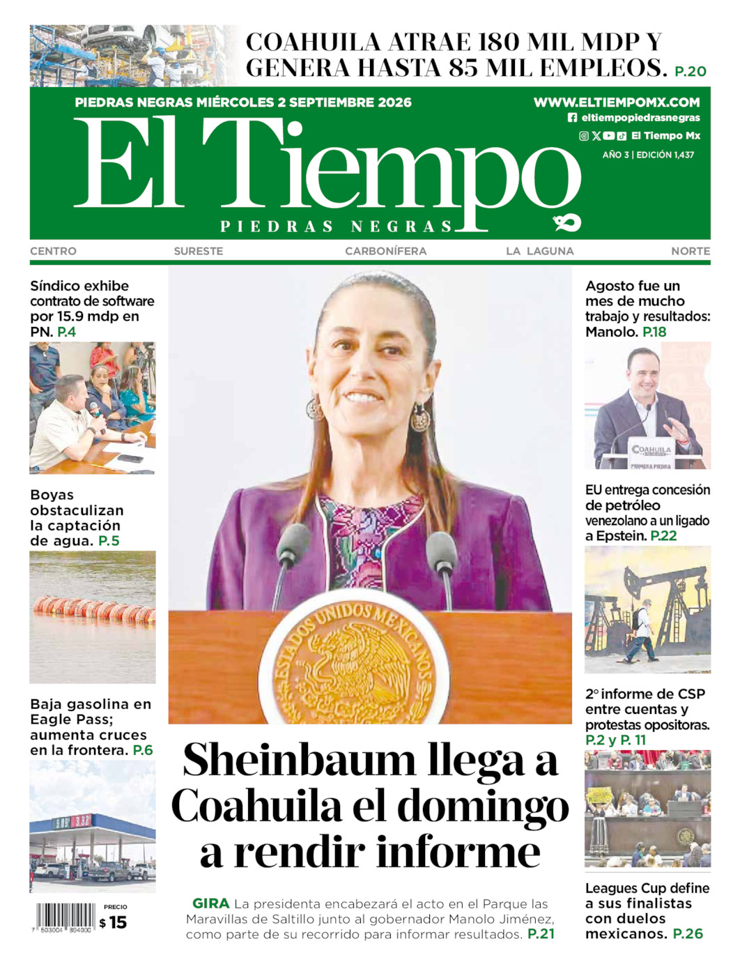 Edición impresa: Portada del miércoles 02 de septiembre de 2026, El Tiempo de <strong>Piedras Negras</strong>