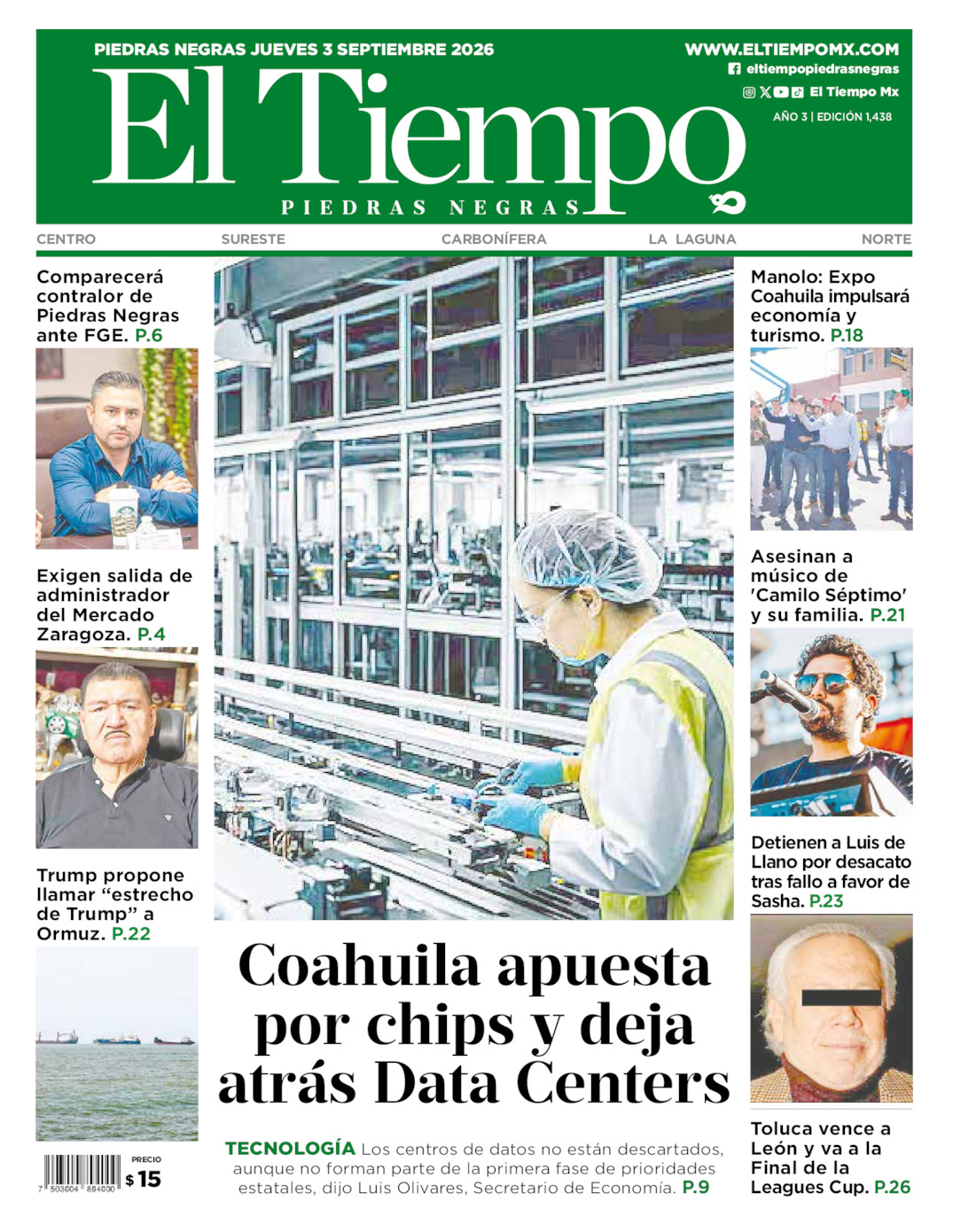 Edición impresa: Portada del jueves 03 de septiembre de 2026, El Tiempo de <strong>Piedras Negras</strong>
