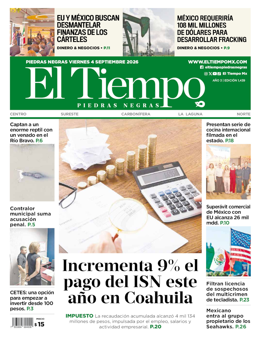 Edición impresa: Portada del viernes 04 de septiembre de 2026, El Tiempo de <strong>Piedras Negras</strong>