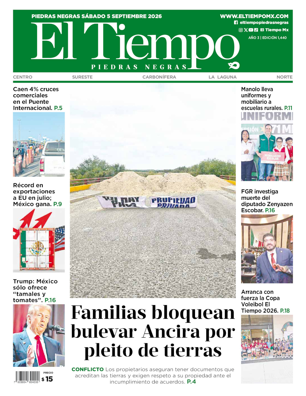 Edición impresa: Portada del sábado 05 de septiembre de 2026, El Tiempo de <strong>Piedras Negras</strong>