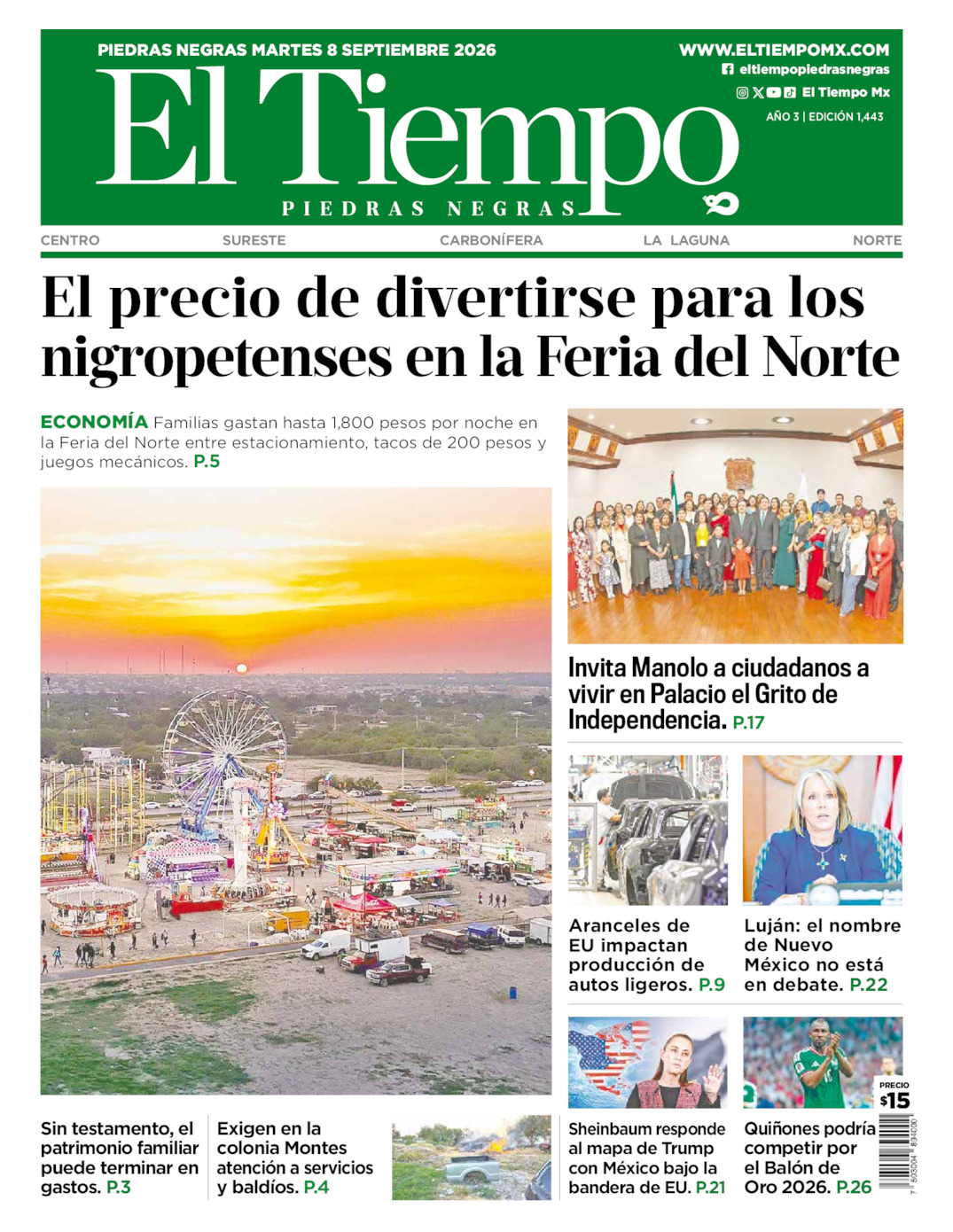 Edición impresa: Portada del martes 08 de septiembre de 2026, El Tiempo de <strong>Piedras Negras</strong>