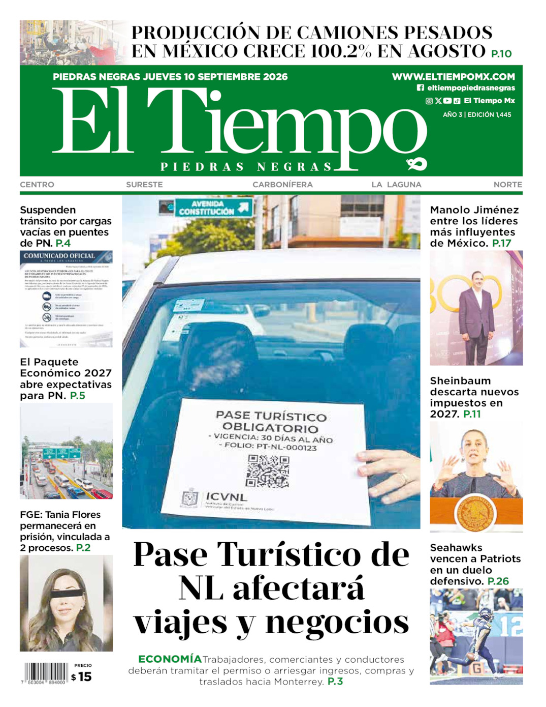 Edición impresa: Portada del jueves 10 de septiembre de 2026, El Tiempo de <strong>Piedras Negras</strong>