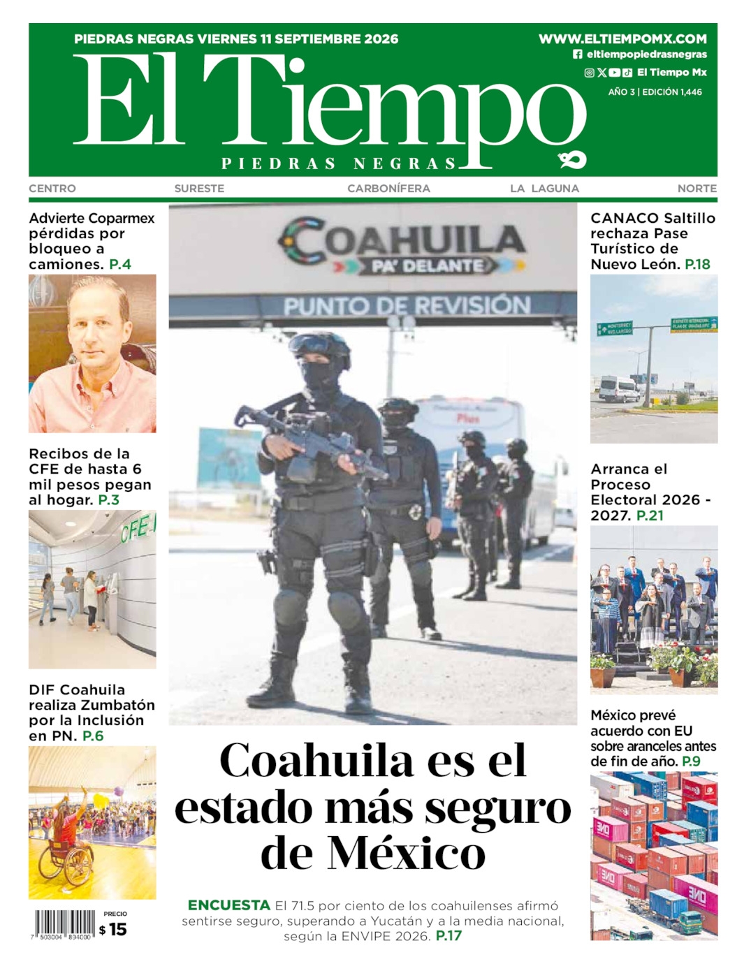 Edición impresa: Portada del viernes 11 de septiembre de 2026, El Tiempo de <strong>Piedras Negras</strong>