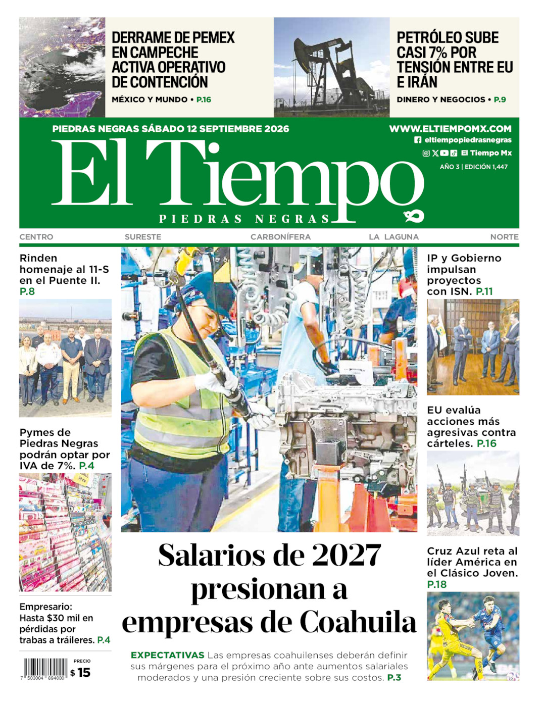 Edición impresa: Portada del sábado 12 de septiembre de 2026, El Tiempo de <strong>Piedras Negras</strong>