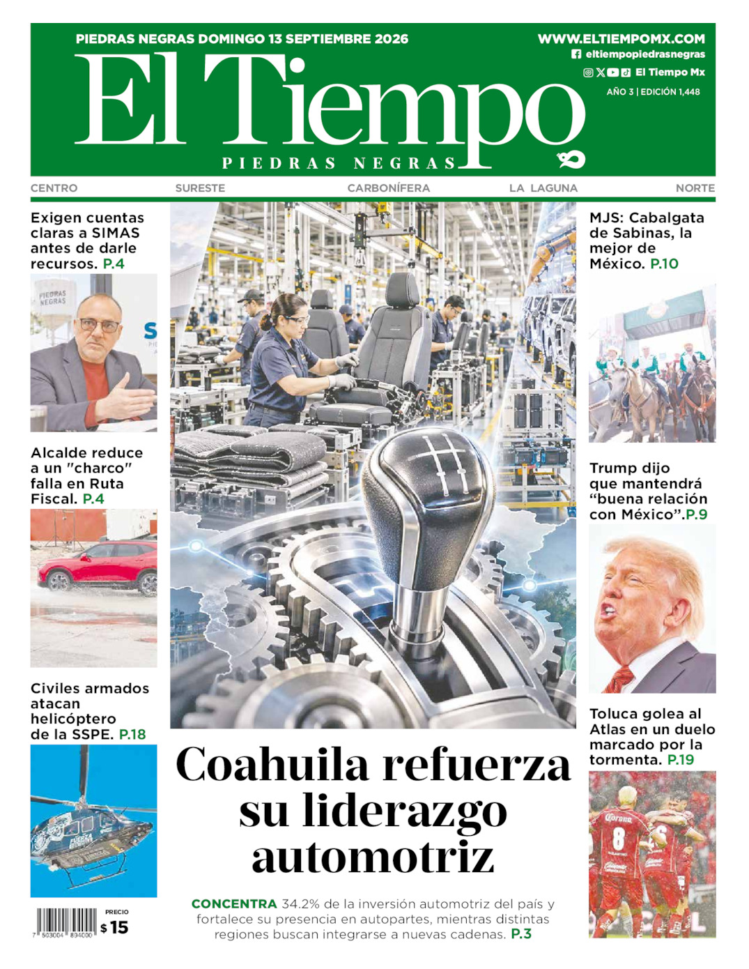 Edición impresa: Portada del domingo 13 de septiembre de 2026, El Tiempo de <strong>Piedras Negras</strong>