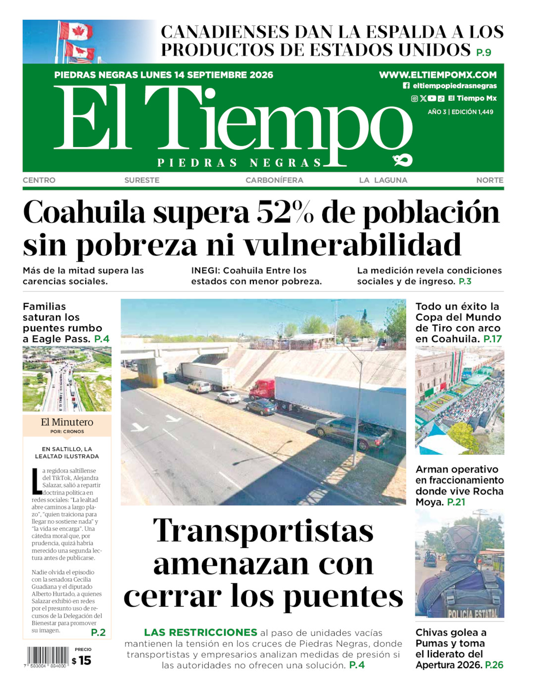 Edición impresa: Portada del lunes 14 de septiembre de 2026, El Tiempo de <strong>Piedras Negras</strong>