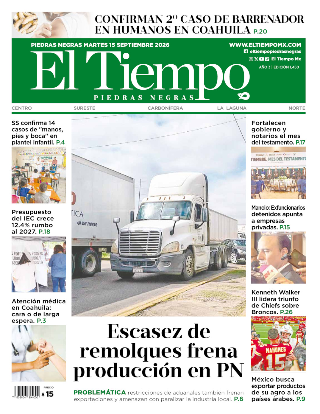 Edición impresa: Portada del martes 15 de septiembre de 2026, El Tiempo de <strong>Piedras Negras</strong>