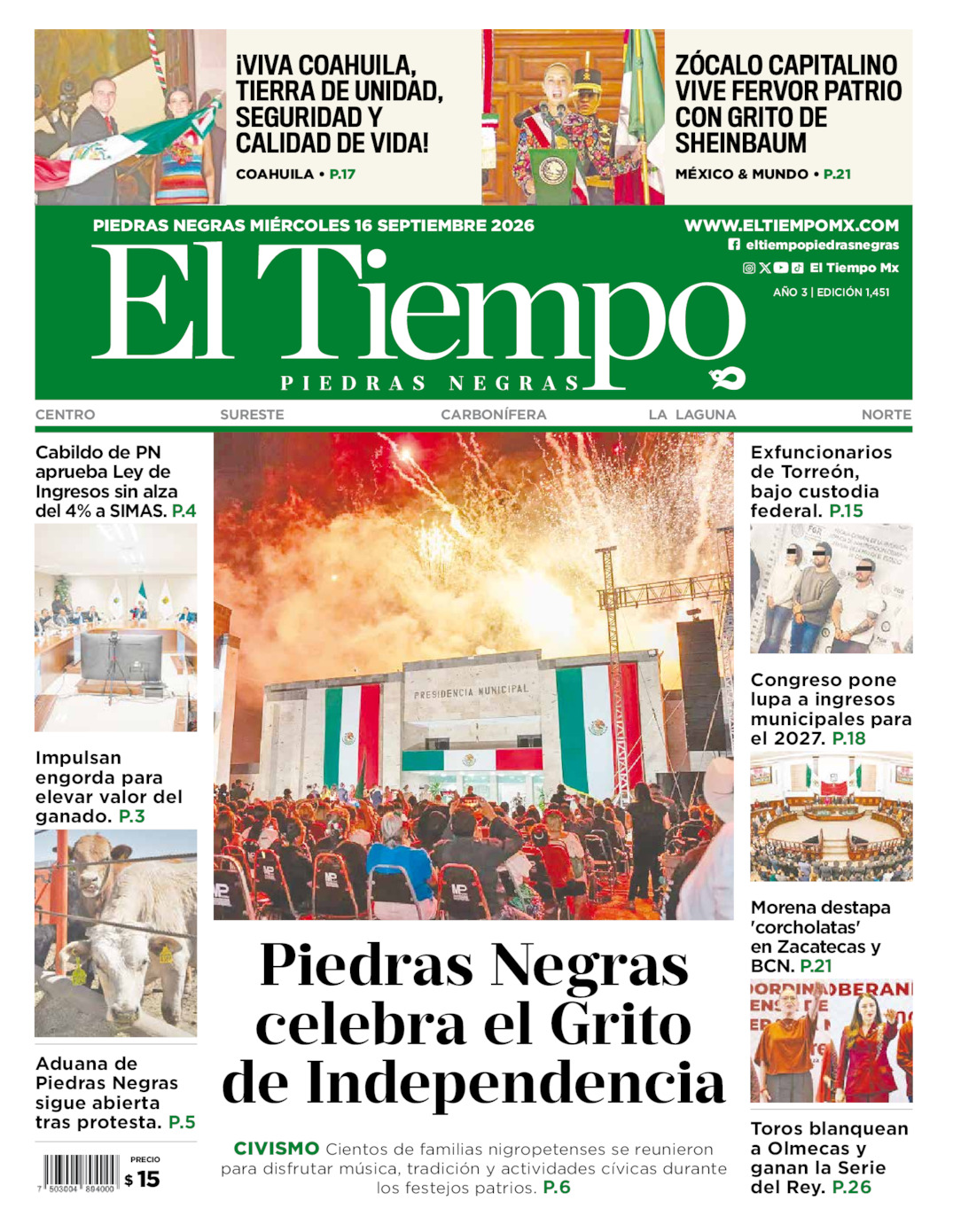 Edición impresa: Portada del miércoles 16 de septiembre de 2026, El Tiempo de <strong>Piedras Negras</strong>