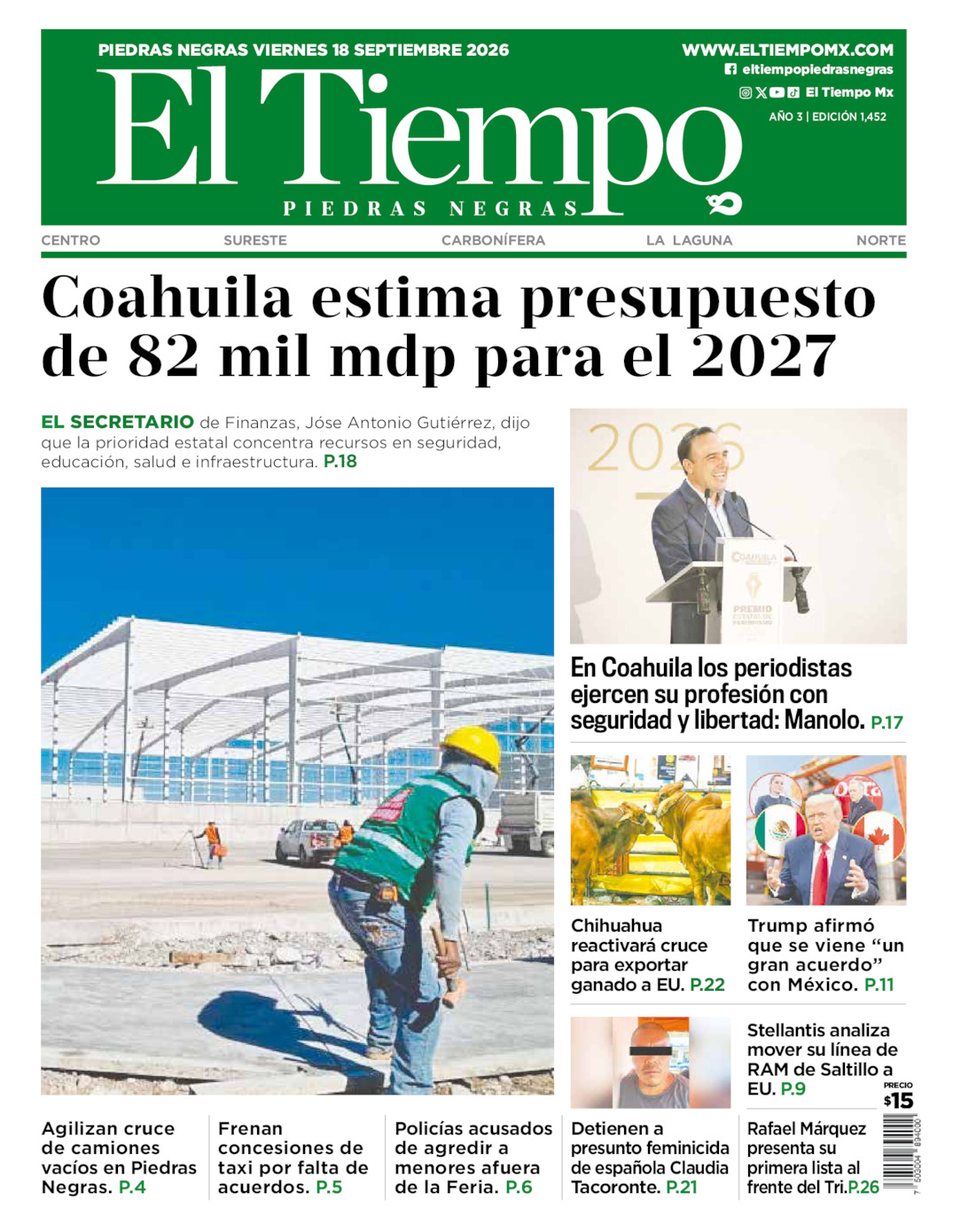 Edición impresa: Portada del viernes 18 de septiembre de 2026, El Tiempo de <strong>Piedras Negras</strong>