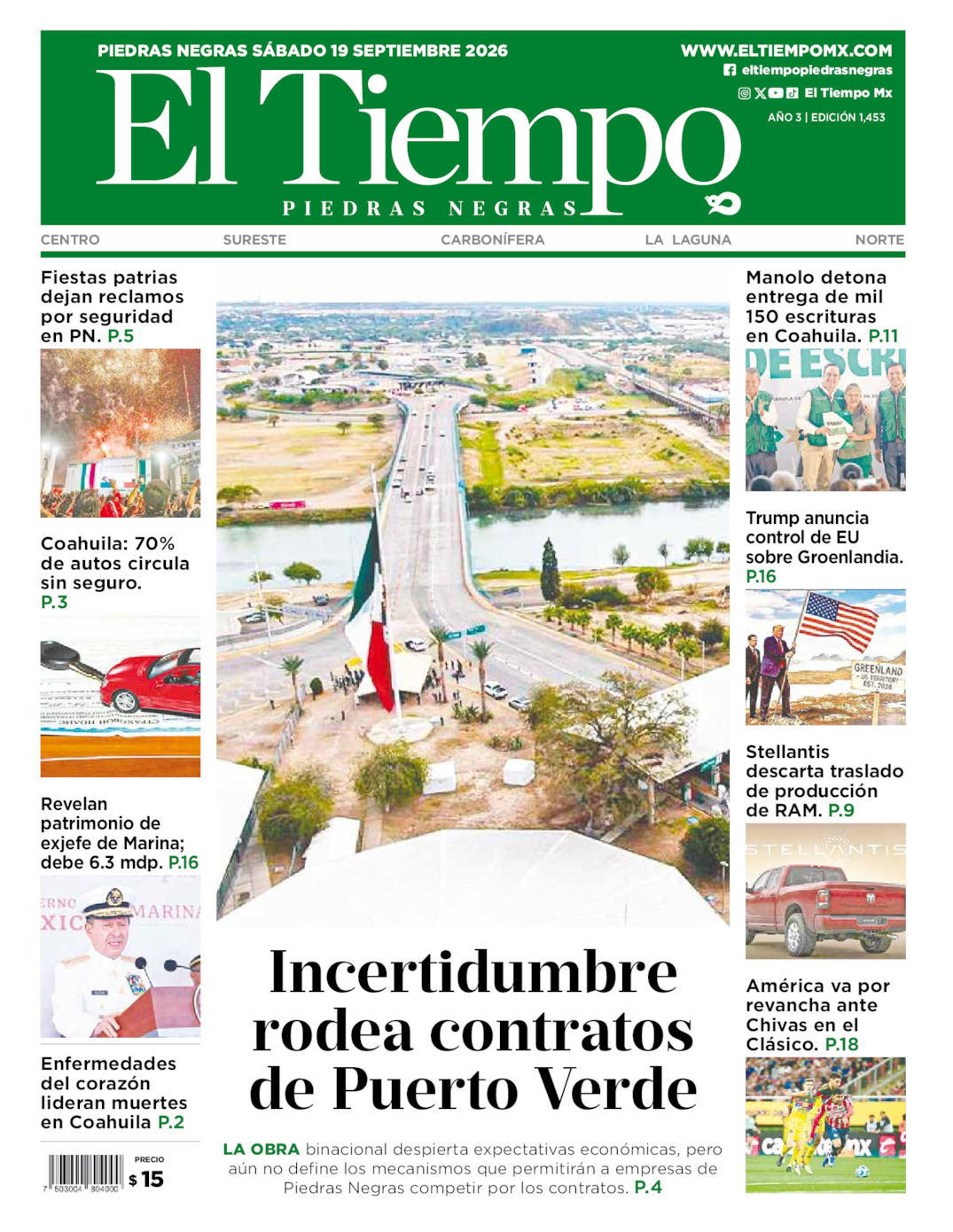 Edición impresa: Portada del sábado 19 de septiembre de 2026, El Tiempo de <strong>Piedras Negras</strong>