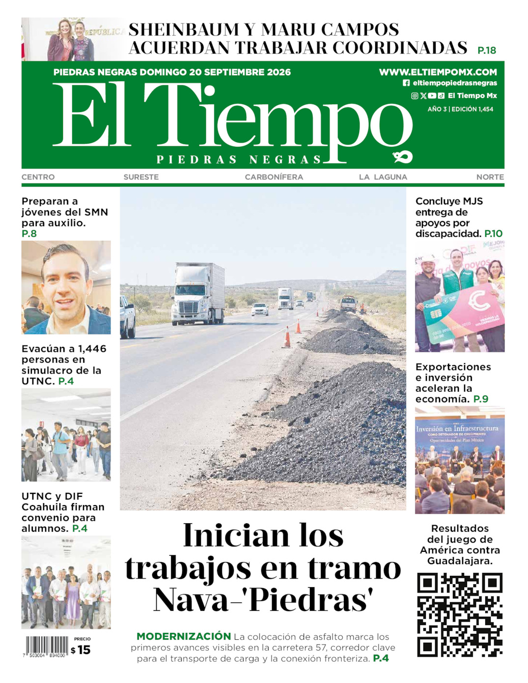 Edición impresa: Portada del domingo 20 de septiembre de 2026, El Tiempo de <strong>Piedras Negras</strong>