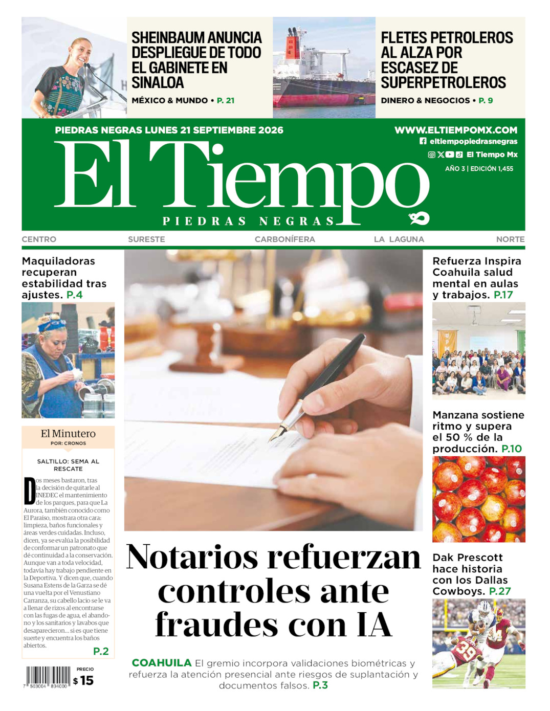 Edición impresa: Portada del lunes 21 de septiembre de 2026, El Tiempo de <strong>Piedras Negras</strong>
