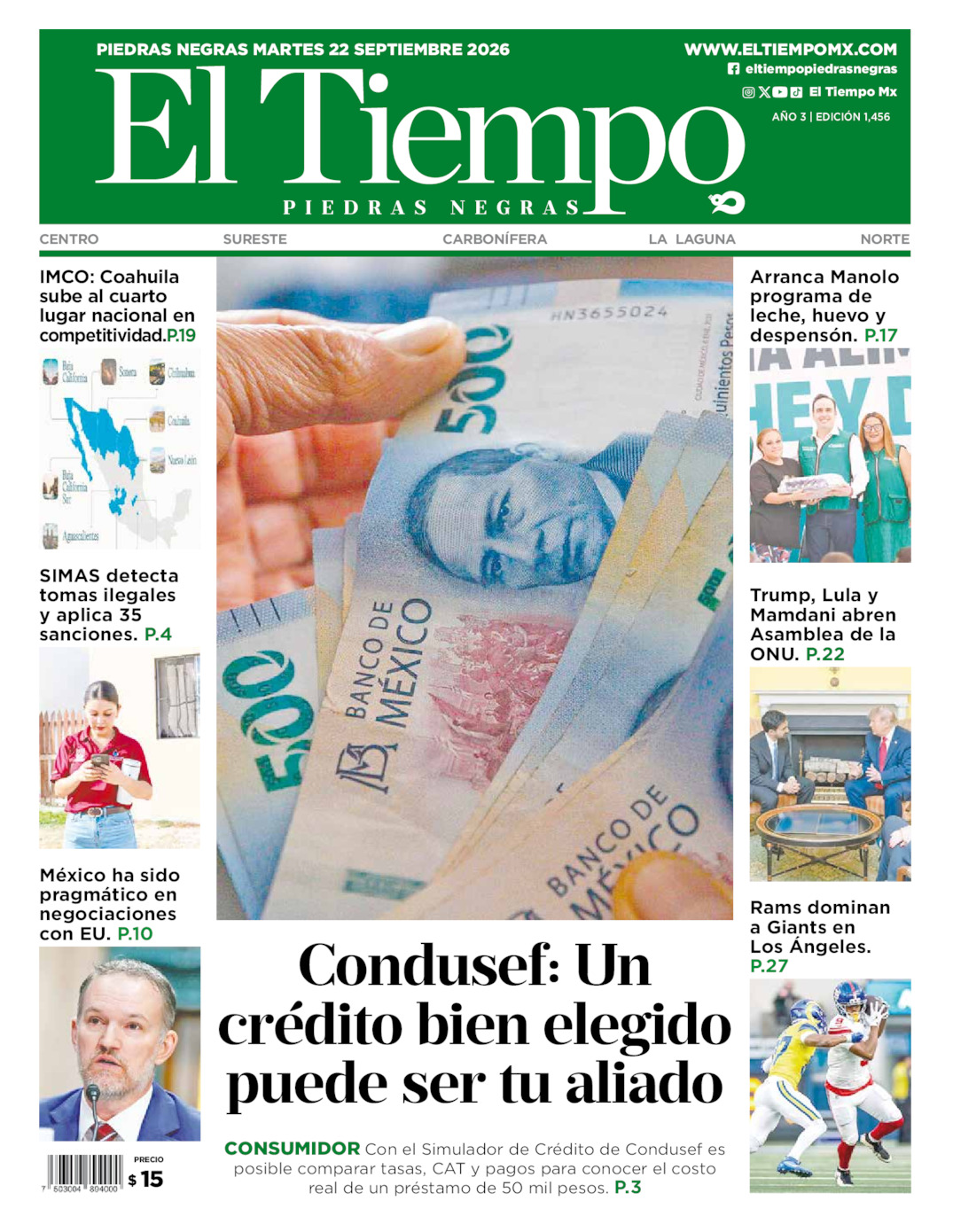 Edición impresa: Portada del martes 22 de septiembre de 2026, El Tiempo de <strong>Piedras Negras</strong>