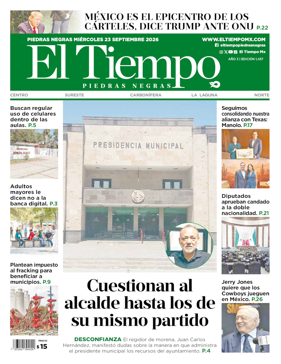 Edición impresa: Portada del miércoles 23 de septiembre de 2026, El Tiempo de <strong>Piedras Negras</strong>