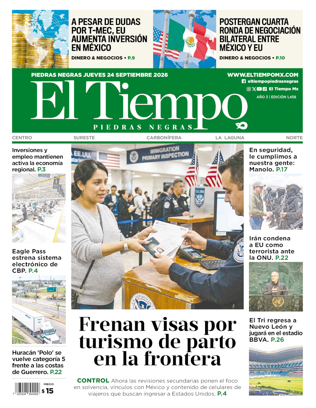 Edición impresa: Portada del jueves 24 de septiembre de 2026, El Tiempo de <strong>Piedras Negras</strong>