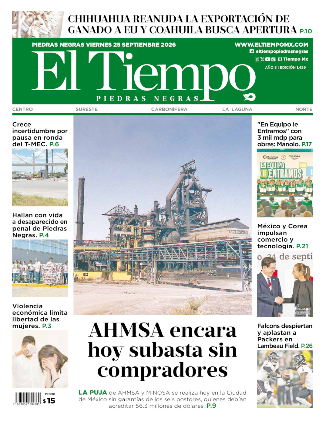 Edición impresa: Portada del viernes 25 de septiembre de 2026, El Tiempo de <strong>Piedras Negras</strong>