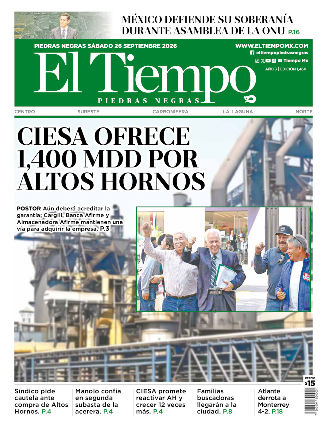 Edición impresa: Portada del sábado 26 de septiembre de 2026, El Tiempo de <strong>Piedras Negras</strong>