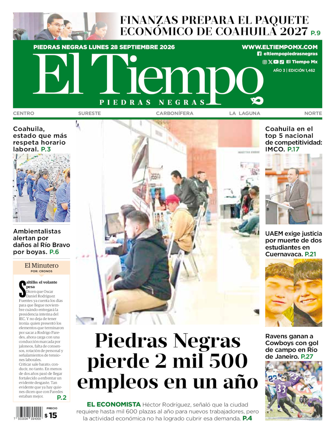 Edición impresa: Portada del lunes 28 de septiembre de 2026, El Tiempo de <strong>Piedras Negras</strong>