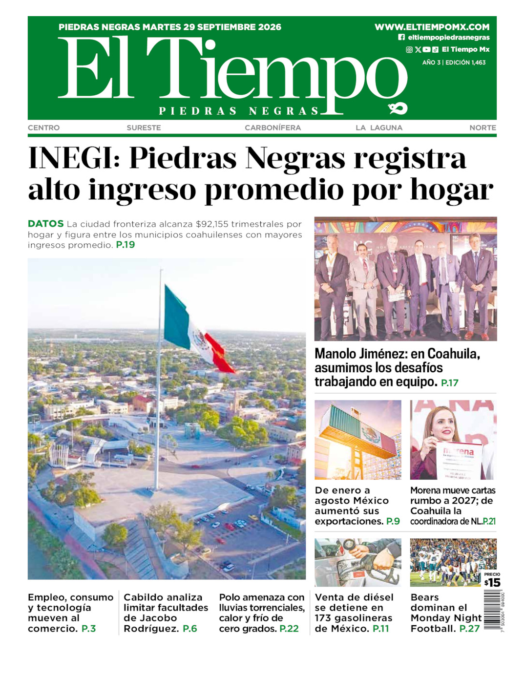 Edición impresa: Portada del martes 29 de septiembre de 2026, El Tiempo de <strong>Piedras Negras</strong>