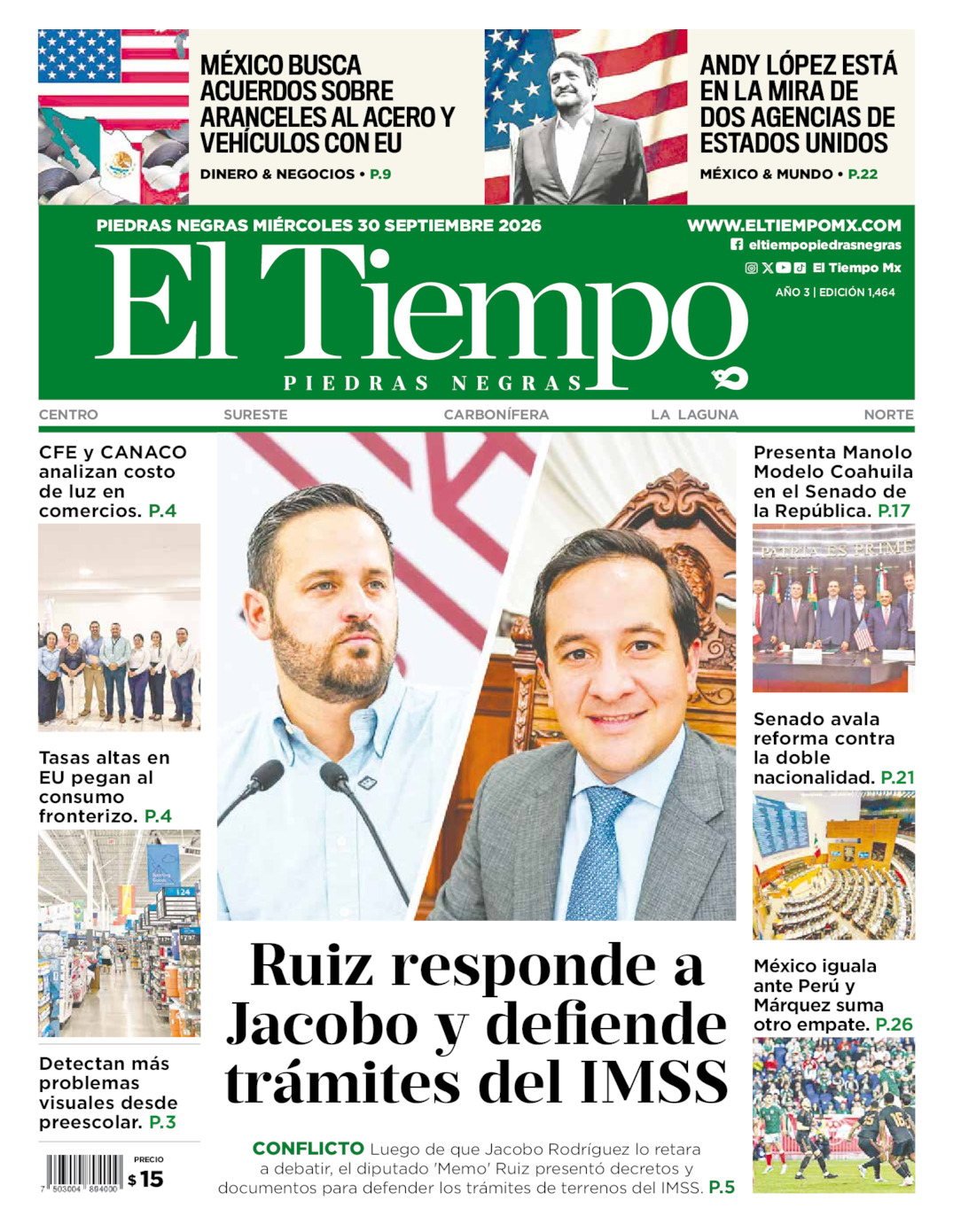 Edición impresa: Portada del miércoles 30 de septiembre de 2026, El Tiempo de <strong>Piedras Negras</strong>