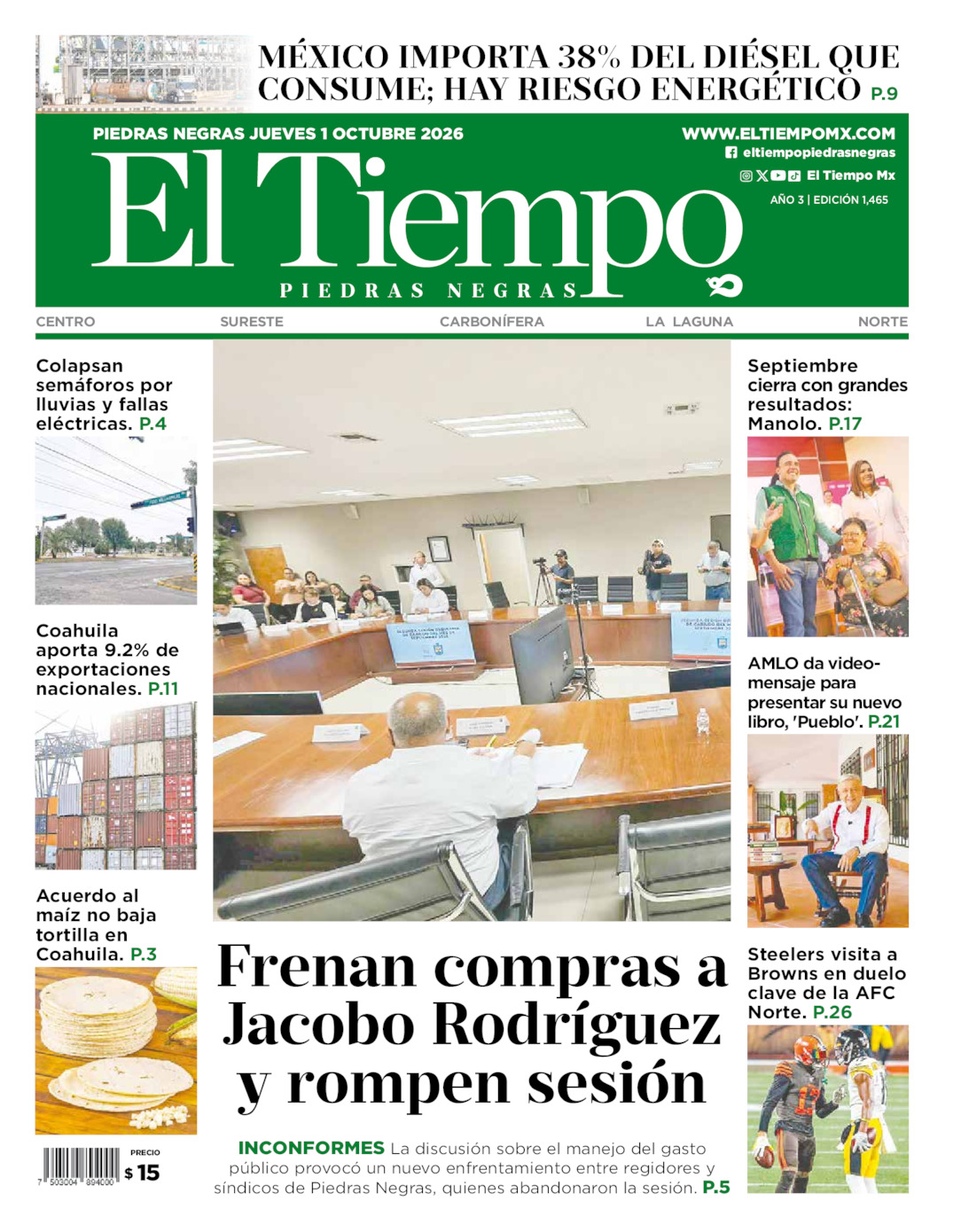 Edición impresa: Portada del jueves 01 de octubre de 2026, El Tiempo de <strong>Piedras Negras</strong>