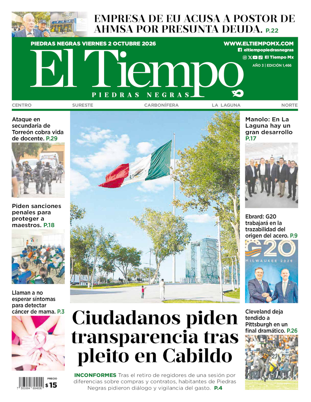 Edición impresa: Portada del viernes 02 de octubre de 2026, El Tiempo de <strong>Piedras Negras</strong>