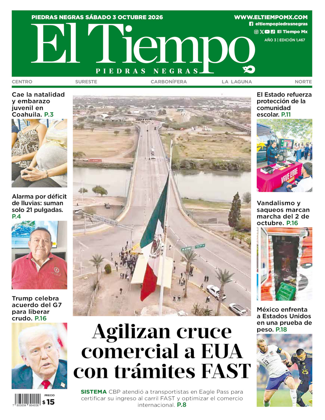 Edición impresa: Portada del sábado 03 de octubre de 2026, El Tiempo de <strong>Piedras Negras</strong>