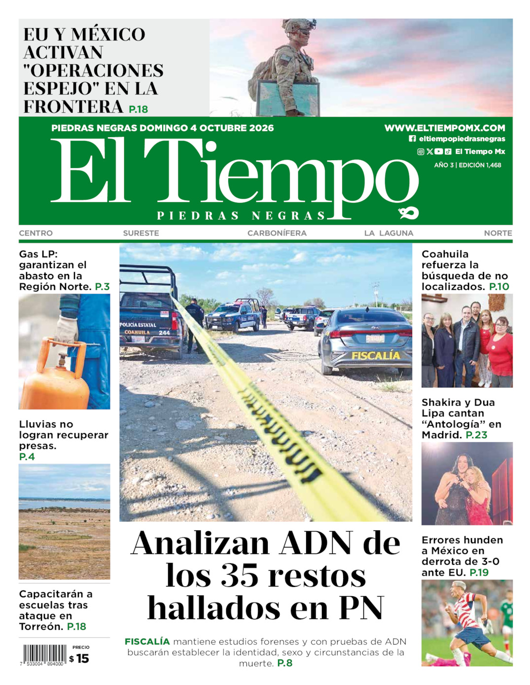 Edición impresa: Portada del domingo 04 de octubre de 2026, El Tiempo de <strong>Piedras Negras</strong>