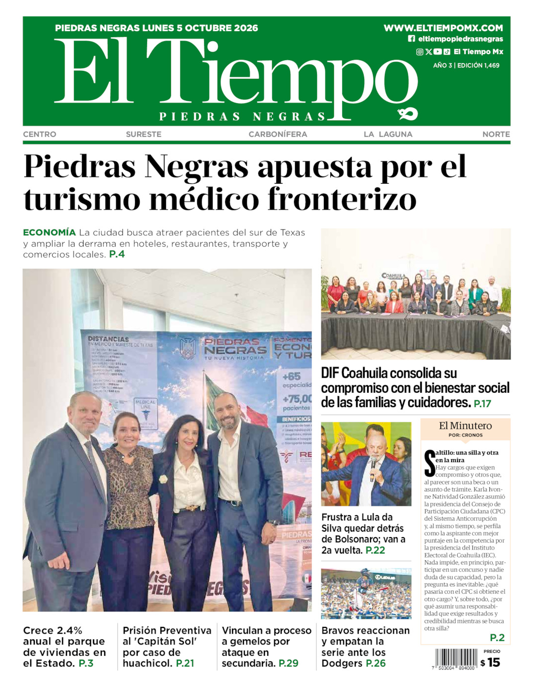 Edición impresa: Portada del lunes 05 de octubre de 2026, El Tiempo de <strong>Piedras Negras</strong>
