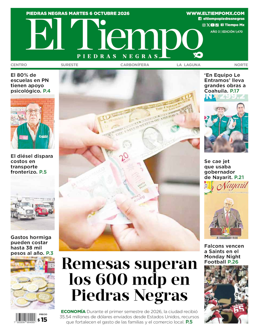 Edición impresa: Portada del martes 06 de octubre de 2026, El Tiempo de <strong>Piedras Negras</strong>