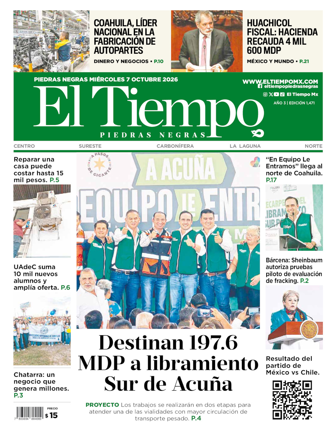 Edición impresa: Portada del miércoles 07 de octubre de 2026, El Tiempo de <strong>Piedras Negras</strong>