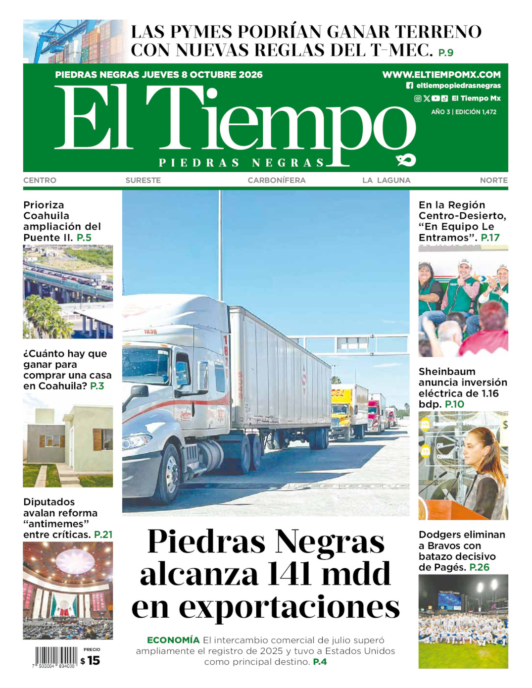 Edición impresa: Portada del jueves 08 de octubre de 2026, El Tiempo de <strong>Piedras Negras</strong>