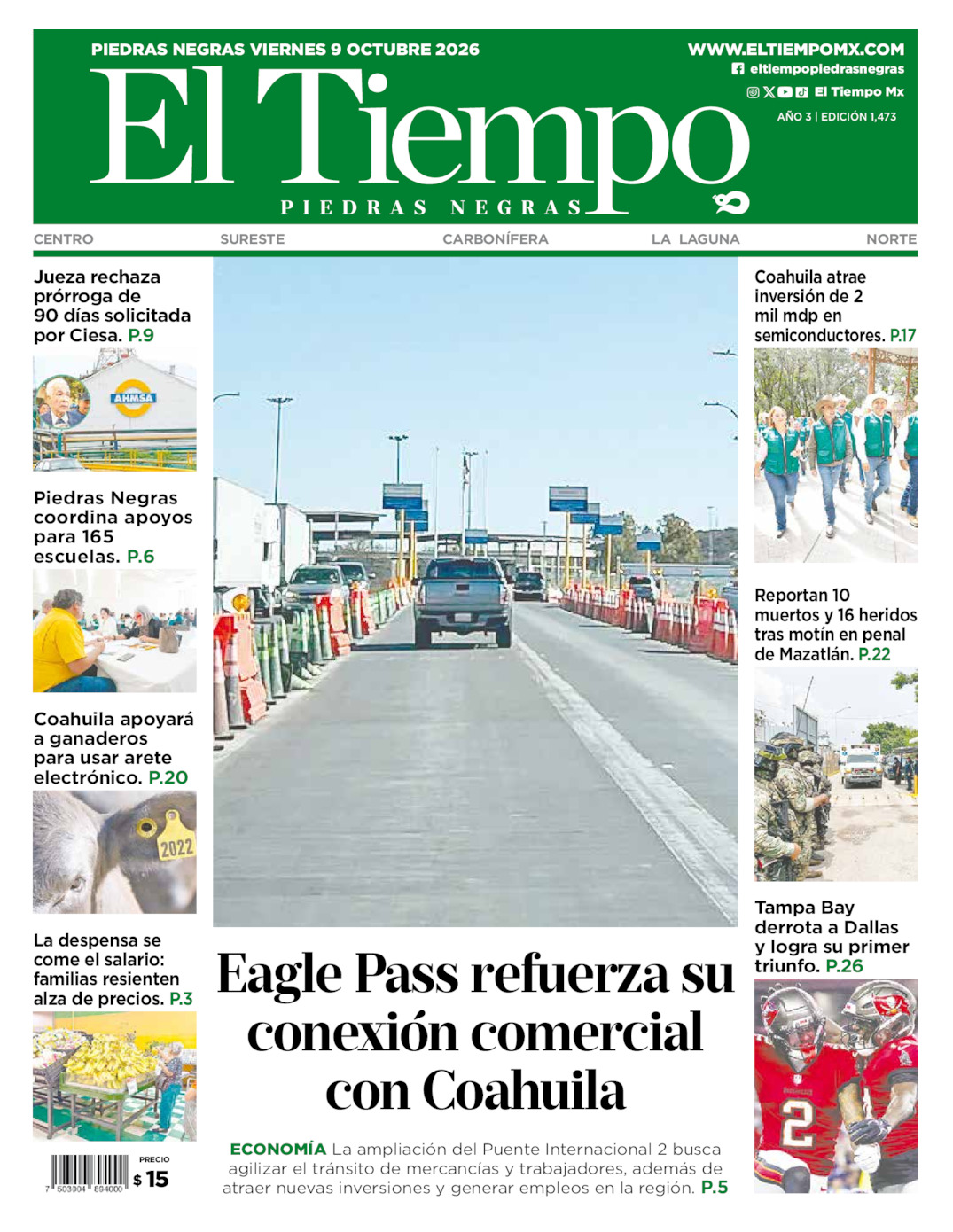 Edición impresa: Portada del viernes 09 de octubre de 2026, El Tiempo de <strong>Piedras Negras</strong>