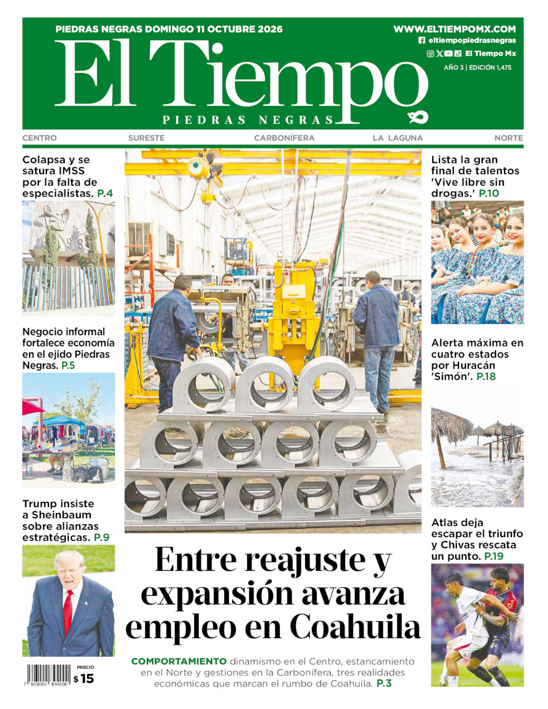 Edición impresa: Portada del domingo 11 de octubre de 2026, El Tiempo de <strong>Piedras Negras</strong>