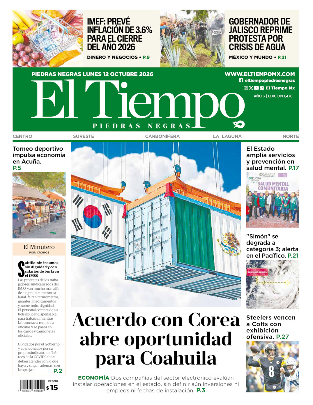 Edición impresa: Portada del lunes 12 de octubre de 2026, El Tiempo de <strong>Piedras Negras</strong>