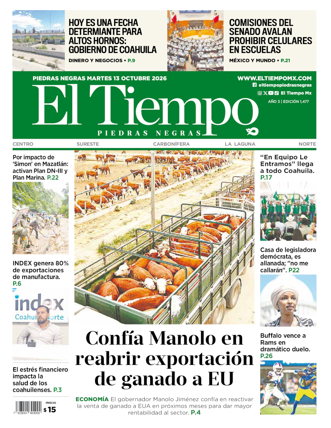 Edición impresa: Portada del martes 13 de octubre de 2026, El Tiempo de <strong>Piedras Negras</strong>