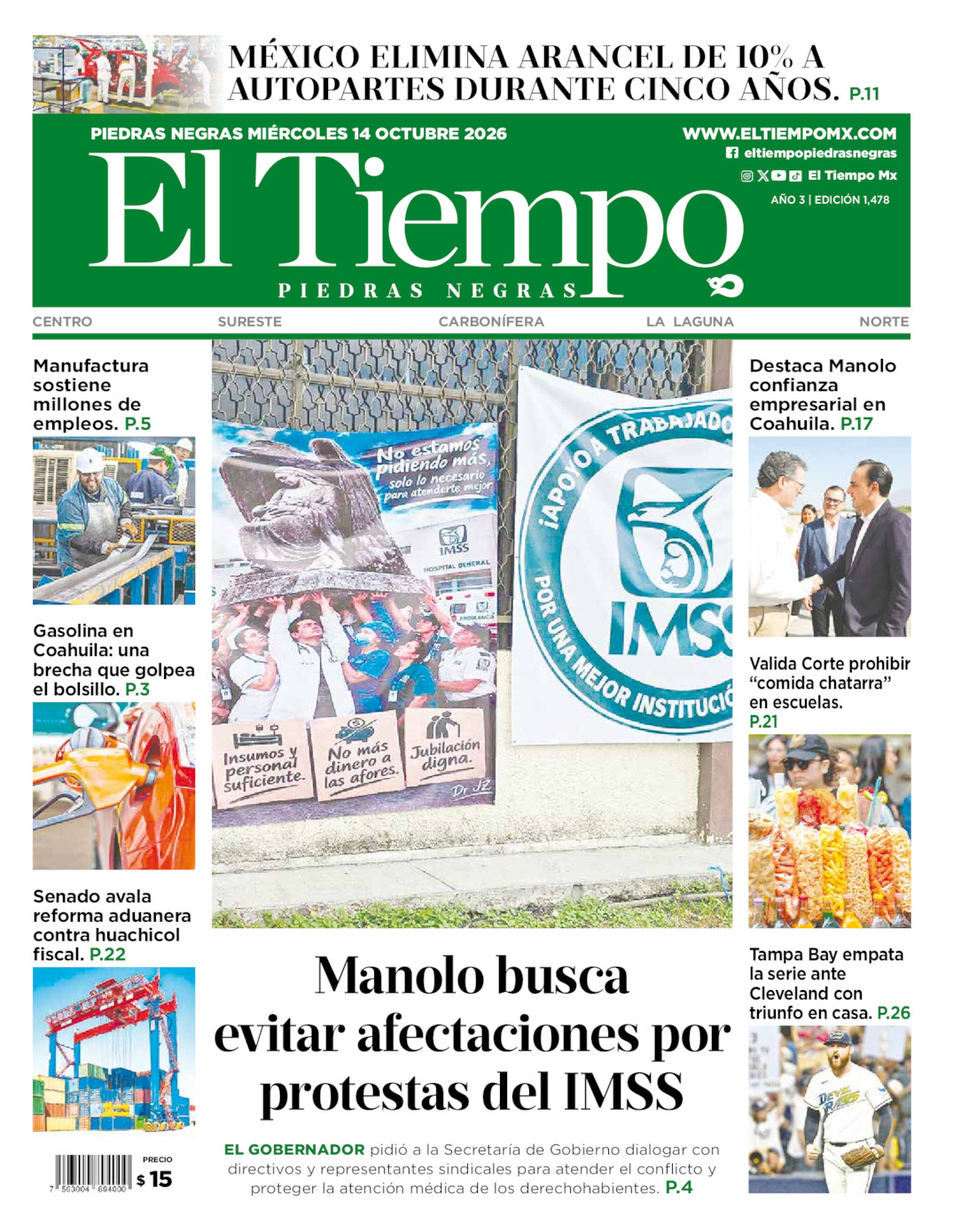 Edición impresa: Portada del miércoles 14 de octubre de 2026, El Tiempo de <strong>Piedras Negras</strong>