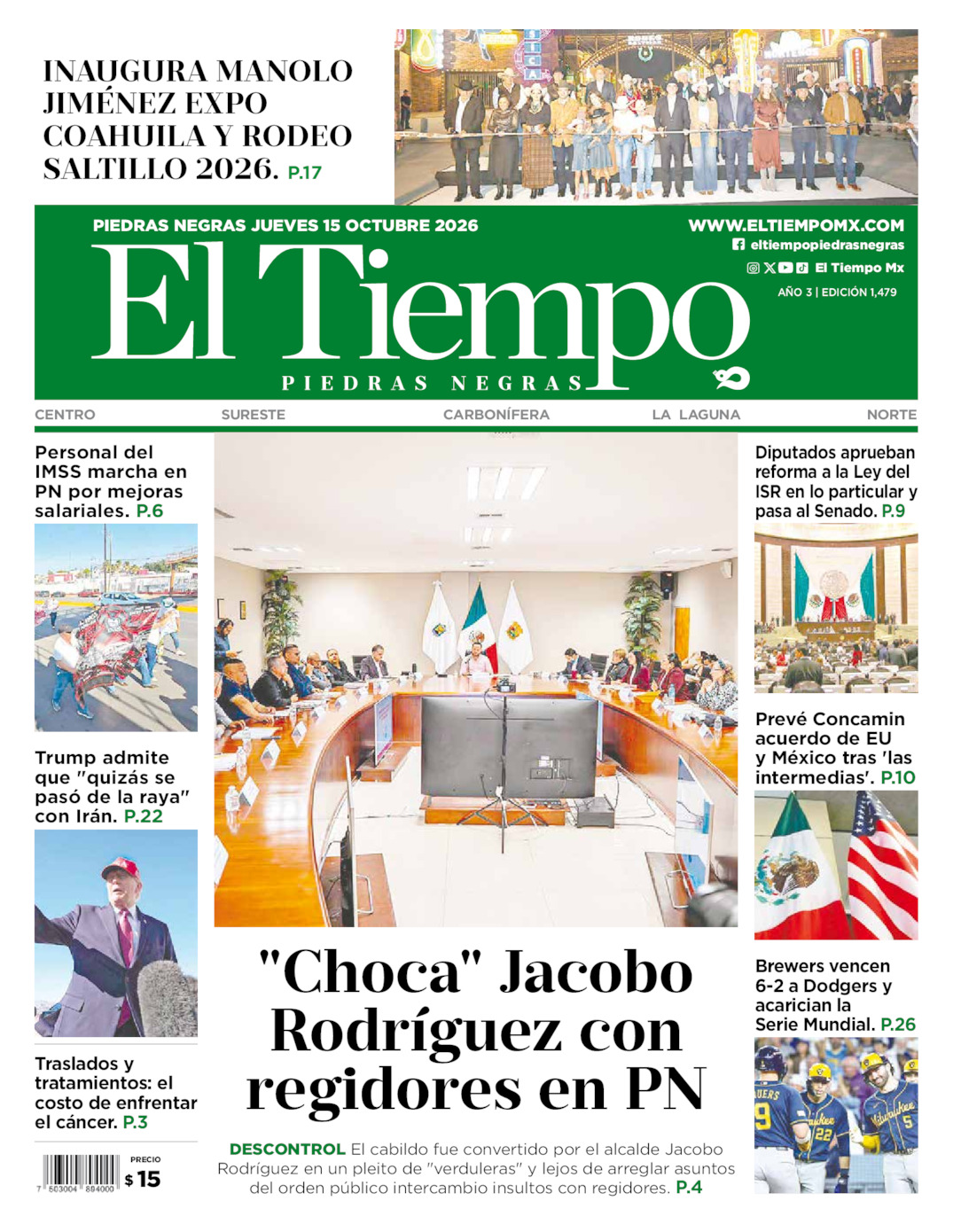 Edición impresa: Portada del jueves 15 de octubre de 2026, El Tiempo de <strong>Piedras Negras</strong>