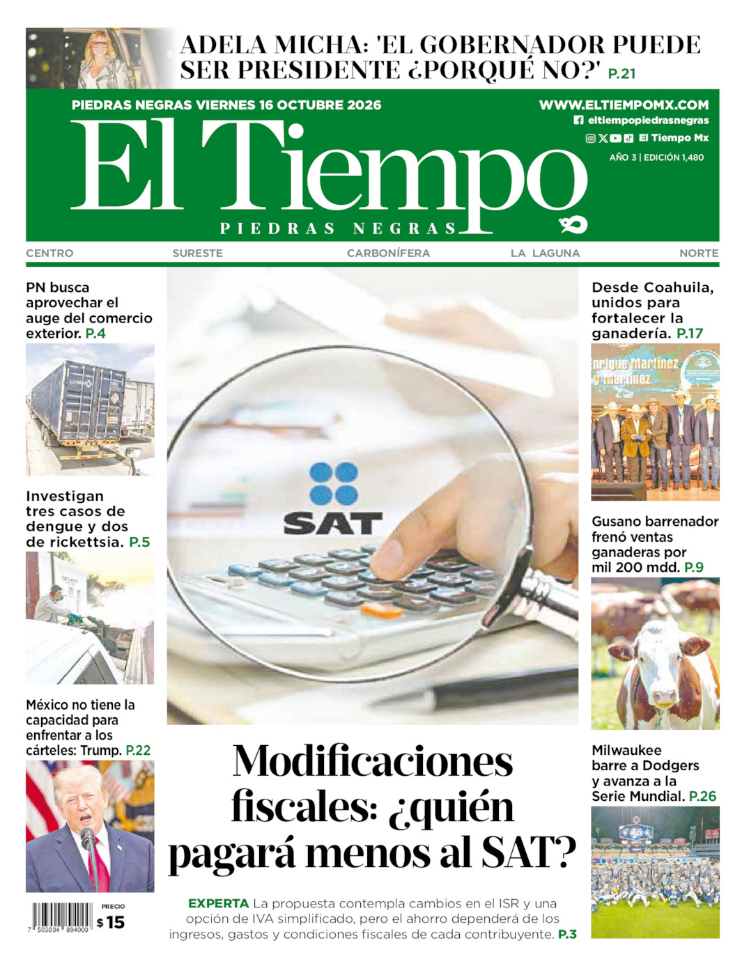 Edición impresa: Portada del viernes 16 de octubre de 2026, El Tiempo de <strong>Piedras Negras</strong>