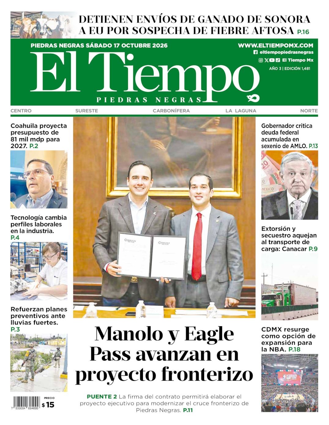 Edición impresa: Portada del sábado 17 de octubre de 2026, El Tiempo de <strong>Piedras Negras</strong>