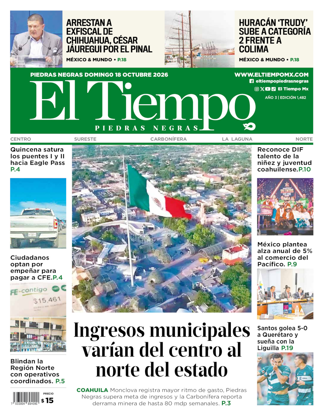 Edición impresa: Portada del domingo 18 de octubre de 2026, El Tiempo de <strong>Piedras Negras</strong>