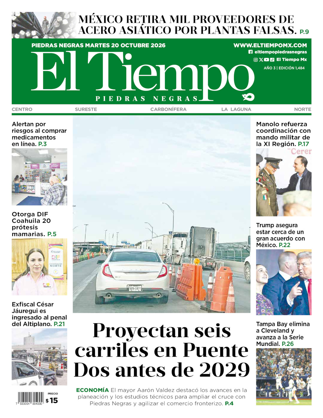 Edición impresa: Portada del martes 20 de octubre de 2026, El Tiempo de <strong>Piedras Negras</strong>