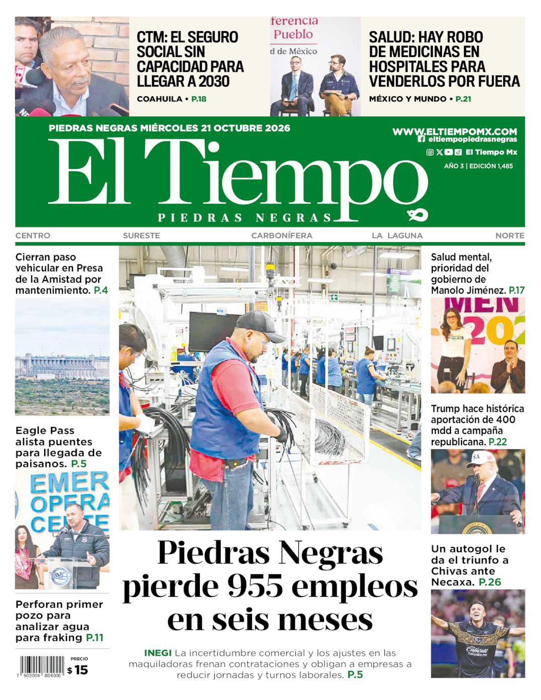 Edición impresa: Portada del miércoles 21 de octubre de 2026, El Tiempo de <strong>Piedras Negras</strong>