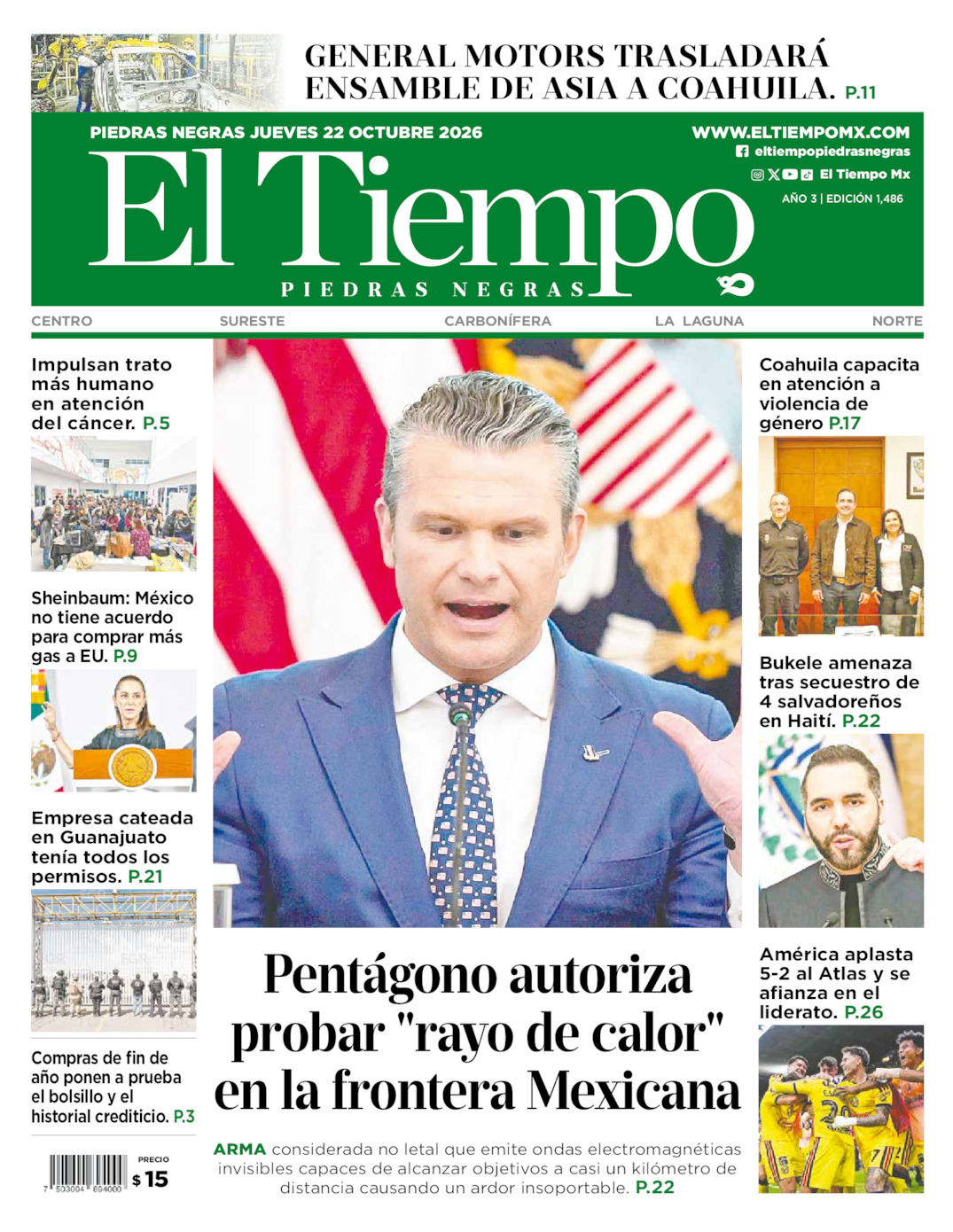 Edición impresa: Portada del jueves 22 de octubre de 2026, El Tiempo de <strong>Piedras Negras</strong>